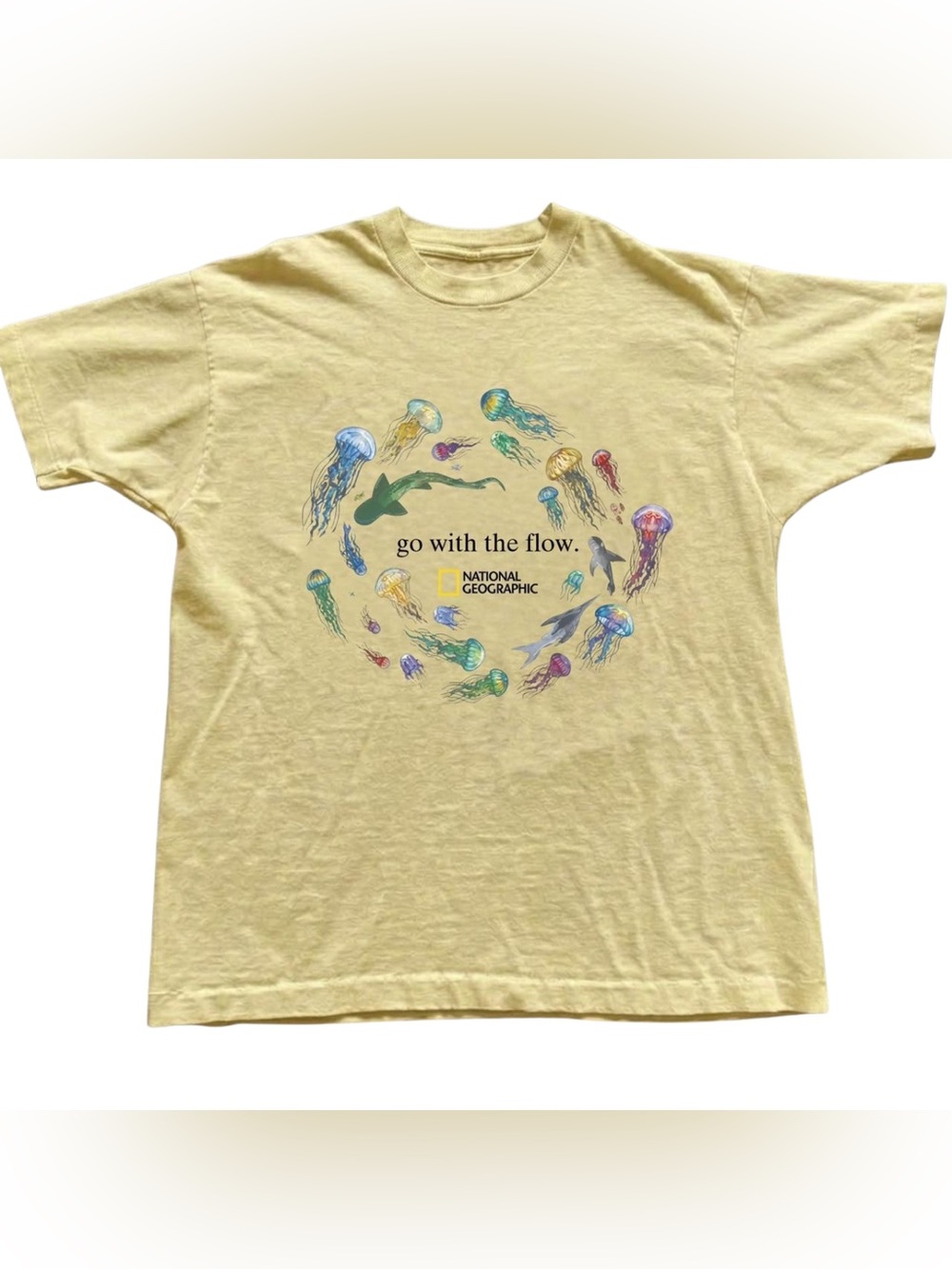 National Geographic Yellow Colorful Jellyfish & Shark Graphic Tee